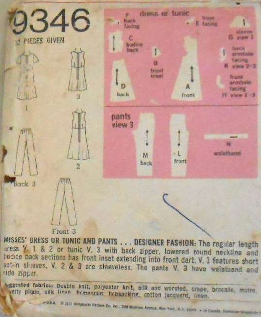VINTAGE SIMPLICITY 9346 DRESS-TUNIC-PANTS SIZE 14 BUST 36-COMPLETE-ZIPLOC