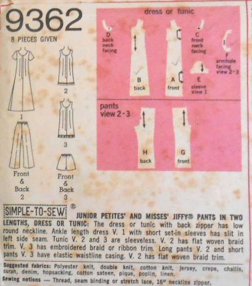 VINTAGE SIMPLICITY 9362 DRESS-TUNIC-PANTS SIZE 12 BUST 34-COMPLETE-ZIPLOC