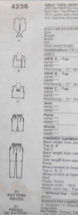 McCALLS 4238 GIRLS TOP & SKIRT SIZE 7-8-10 YEARS-NO PANTS OR SHORTS PATTERN-ZIPLOC