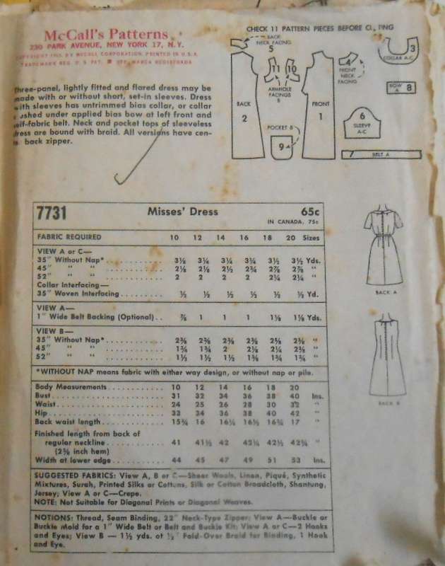 VINTAGE McCALLS  7731 ONE PIECE DRESS SIZE 12 BUST 32 COMPLETE -ZIPLOC