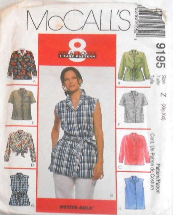 McCALLS  9195 SHIRT & TIE BELT SIZE XL-XXL (20-26) COMPLETE CUT TO XL (20-22)