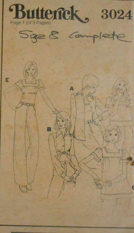 BUTTERICK 3024 BLOUSE-PANTS-TOP SIZE 8 'COMPLETE-ZIPLOC