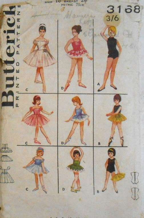 VINTAGE BUTTERICK 3168 GIRL'S BALLET OUTFITS SIZE 10 YEARS BREAST 28 'COMPLETE-ZIPLOC
