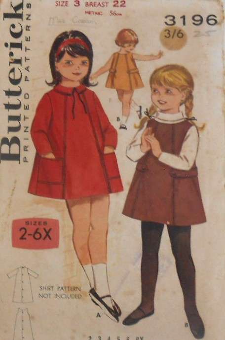 VINTAGE BUTTERICK 3195 GIRL'S DRESS OR PINAFORE SIZE 3 YEARS BREAST 22'COMPLETE-ZIPLOC