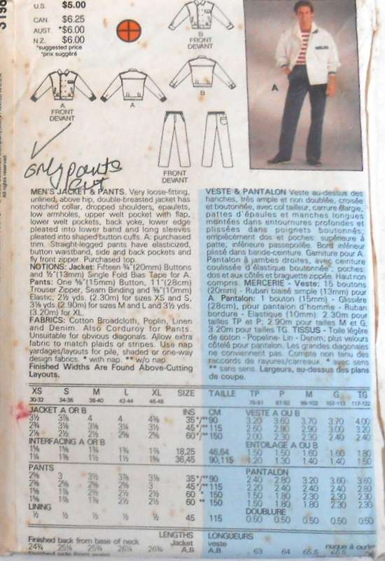 BUTTERICK 3198 MEN'S JACKET & PANTS SIZE SMALL 38-40" COMPLETE-ONLY PANTS CUT