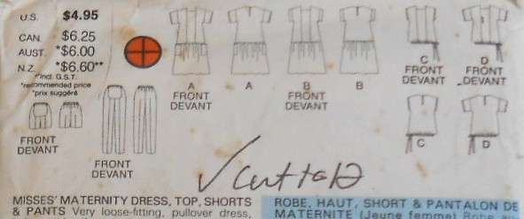 BUTTERICK 3775 MATERNITY DRESS-TOP-SHORTS-PANTS SIZE 8-10-12 COMPLETE-CUT TO 12
