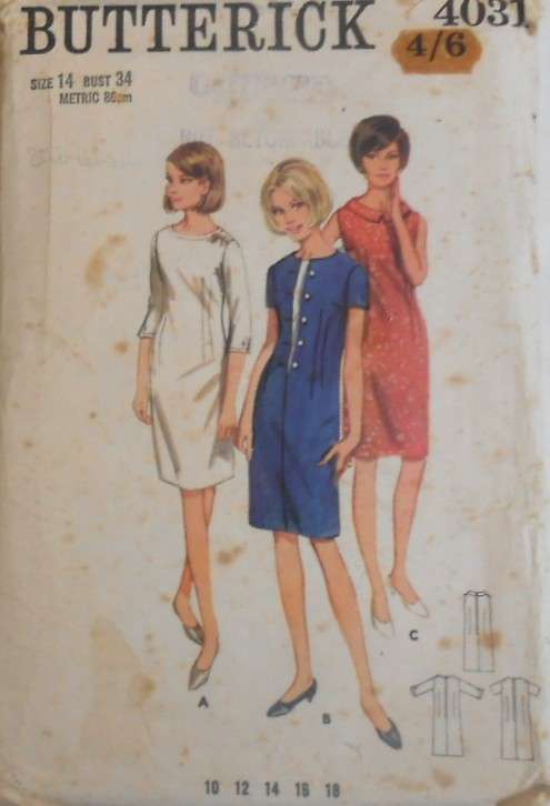 VINTAGE BUTTERICK 4031 ONE PIECE DRESS SIZE 14 BUST 34 COMPLETE-NOTE FRONT-1 PATTERN WORN