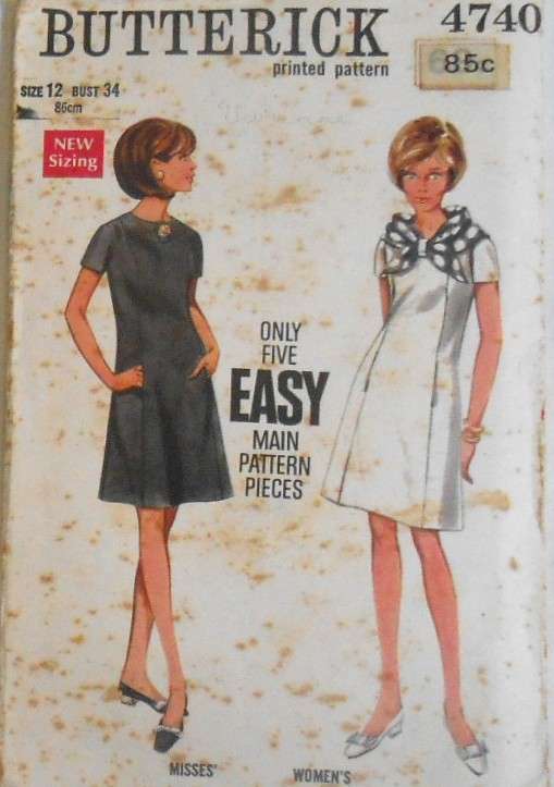 VINTAGE BUTTERICK 4740 ONE PIECE DRESS SIZE 12 BUST 34 COMPLETE