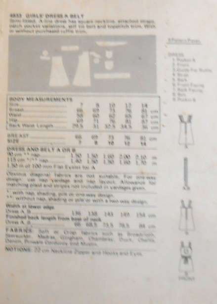 BUTTERICK 4833 GIRL'S DRESS & BELT SIZE 10 YEARS BUST 73 CM COMPLETE