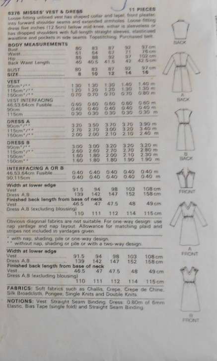 BUTTERICK 6376 DRESS & WAISTCOAT SIZE 10 COMPLETE