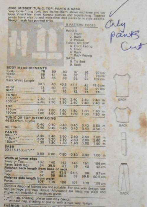 BUTTERICK 6580 TUNIC-TOP-PANTS-SASH SIZE 10 COMPLETE-ONLY PANTS CUT