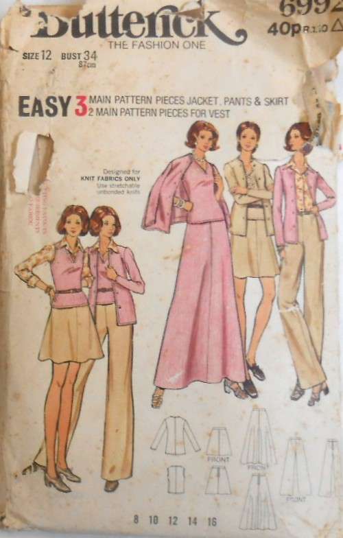 BUTTERICK 6992 JACKET-WAISTCOAT-PANTS-SKIRT SIZE 12 BUST 34 COMPLETE-ZIPLOC