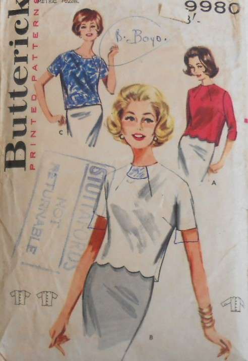 V/VINTAGE BUTTERICK 9980 SEMI FIT OVERBLOUSE SIZE 20 BUST 40-COMPLETE-ZIPLOC
