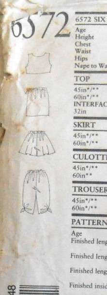 NEW LOOK PATTERNS 6572 GIRLS CROP TOP-SHORTS-PANTS SIZE 3-8 YEARS COMPLETE CUT TO 8 YEARS