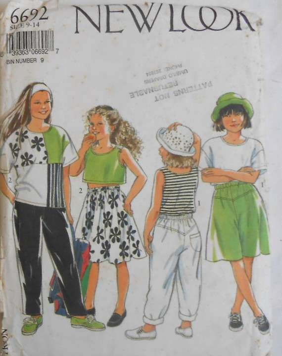 NEW LOOK PATTERNS 6692 KIDS TOP-SKIRT-PANTS-SHORTS-TANK TOP SIZE 9-14 YEARS COMPLETE-CUT TO 14