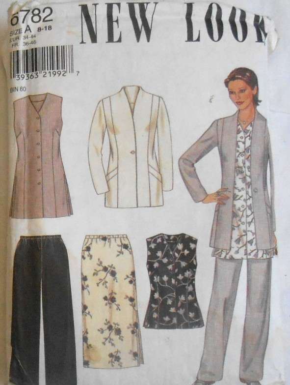 NEW LOOK PATTERNS 6782 HIGH NECK LONG JACKET-PANTS-SKIRT-TOP SIZE 8-18 COMPLETE CUT TO 10