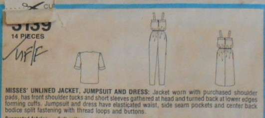 STYLE 3139 UNLINED JACKET-JUMPSUIT-DRESS SIZE 10-12-14-16 COMPLETE-UNCUT-F/FOLDED