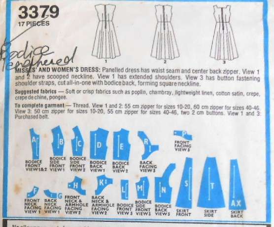 STYLE 3379 PANELLED DRESS SIZE16 BUST 97 CM COMPLETE-BODICE LENGTHENED