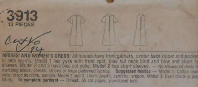 STYLE 3913 DRESS SIZE 10-12-14 COMPLETE-CUT TO 14