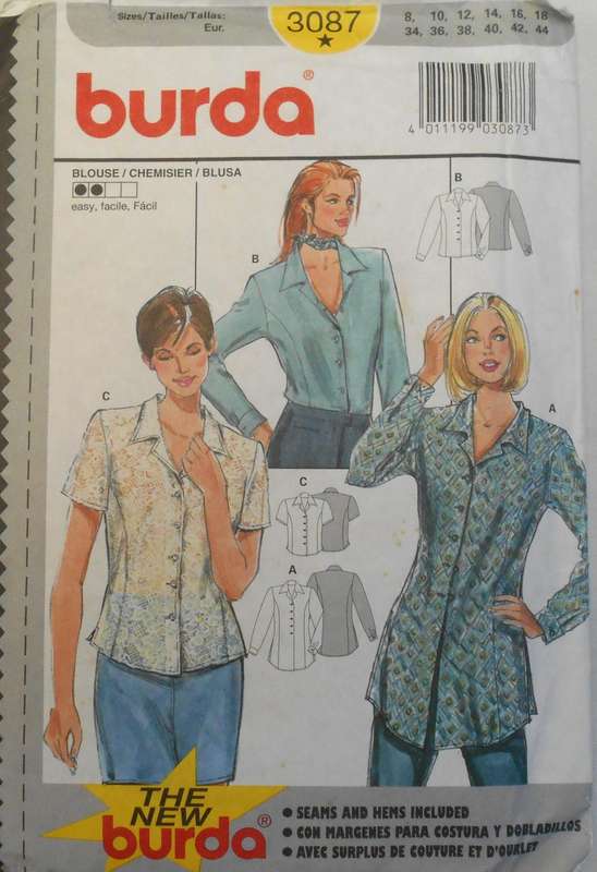 BURDA 3087 BLOUSE SIZE 8-18 COMPLETE-CUT TO 18 - BLOUSE LENGTHENED