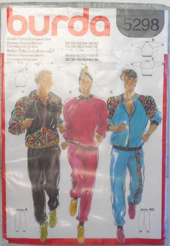 BURDA 5298 UNISEX TRACKSUIT HOODIE AND PANTS SIZE 14/16-40/42- COMPLETE-PART CUT TO 40/42 & 44/46