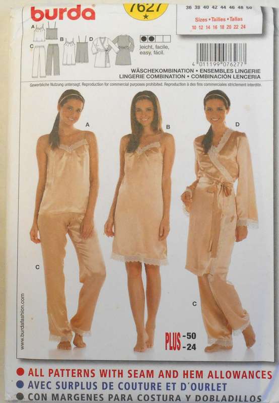 BURDA 7627 LADIES NIGHTIE-PJS-ROBE SIZE 10-24 COMPLETE-UNCUT-F/FOLDED