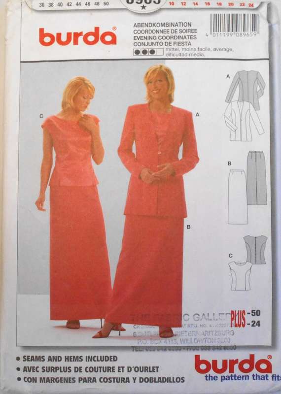 BURDA 6965 LADIES JACKET-TOP-SKIRT SIZE 10-24 COMPLETE CUT TO 24