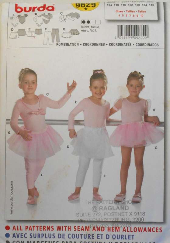 BURDA 9629 GIRLS BALLET OUTFITS SIZE 4-10 YEARS COMPLETE UNCUT -F/FOLDED