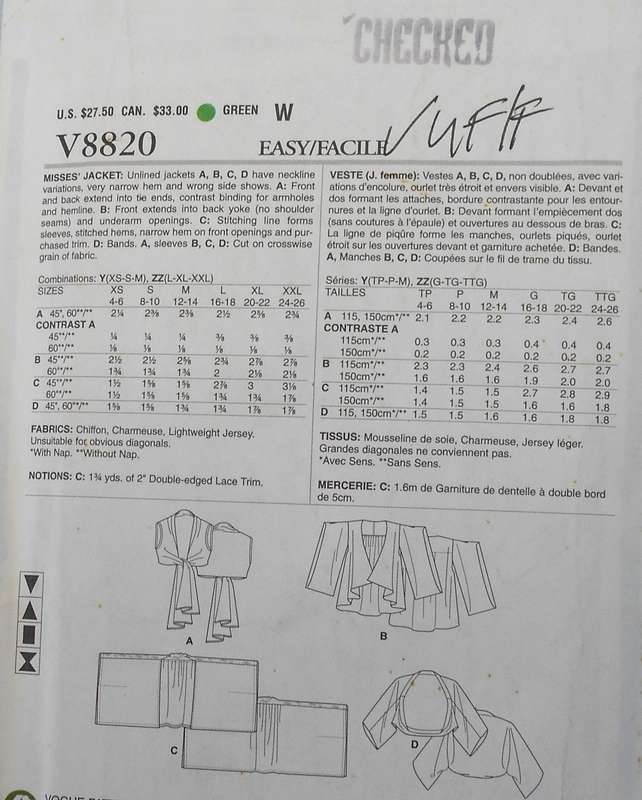 VOGUE V8820 STUNNING JACKETS SIZE L-XL-XXL (16-26) COMPLETE-UNCUT-F/FOLDED