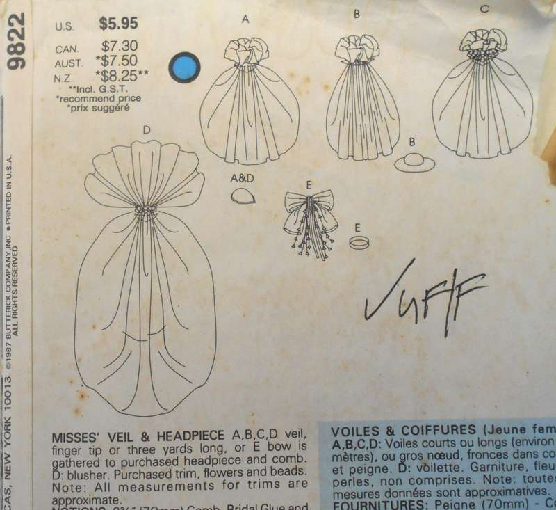 VOGUE 9822 VEIL & HEADPIECE ONE SIZE COMPLETE-UNCUT-F/FOLDED