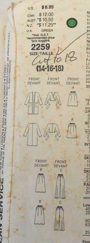 VOGUE 2259 JACKET-TOP-SKIRT & PANTS SIZE 14-16-18 COMPLETE-CUT TO 18