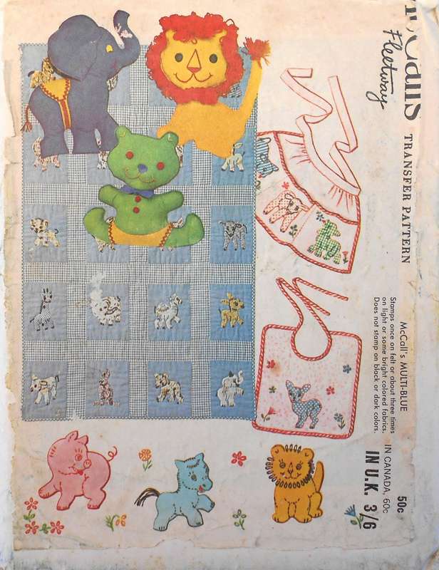 McCALLS 6942 BLUE TRANSFER PATTERN WITH LION-ELEPHANT-TEDDY AND OTHERS WITH INSTRUCTIONS
