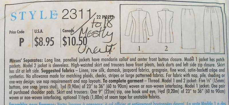 STYLE 2311 LONG PANELLED JACKETS+MANDARIN COLLAR-HI WAIST SKIRT-PANTSSIZE 8-18 COMPLETE-MOSTLY UNCUT