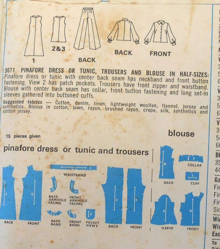 VINTAGE STYLE 3671 PINAFORE DRESS-TUNIC-PANTS & BLOUSE SIZE 14 1/2 BUST 37 COMPLETE-UNCUT-REFOLDED