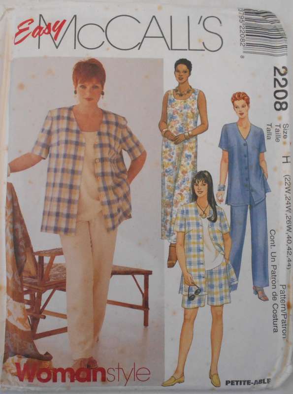 McCALLS 2208 SHIRT-DRESS-TOP-PULL ON PANTS /SHORTS SIZE 22W-24W-26W40-42-44-COMPLETE-UNCUT-F/FOLDED
