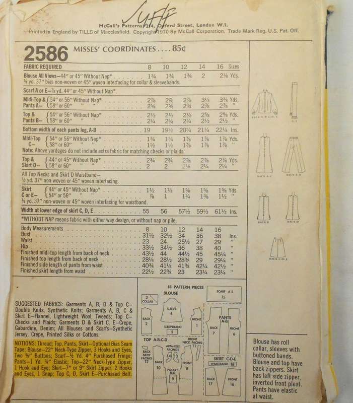 VINTAGE McCALLS  2586 CO-ORDINATES SIZE 16 BUST 38 COMPLETE-UNCUT-F/FOLDED