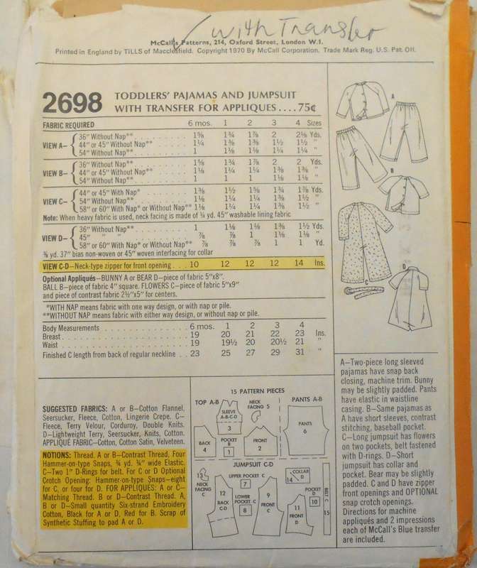 VINTAGE McCALLS  2698 TODDLERS PJS & JUMPSUIT SIZE 2 YEARS COMPLETE-WITH TRANSFER