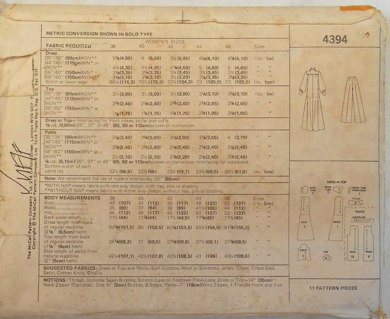 VINTAGE McCALLS 4394 DRESS-TOP-PANTS SIZE 40 BUST 112 CM COMPLETE-UNCUT-F/FOLDED