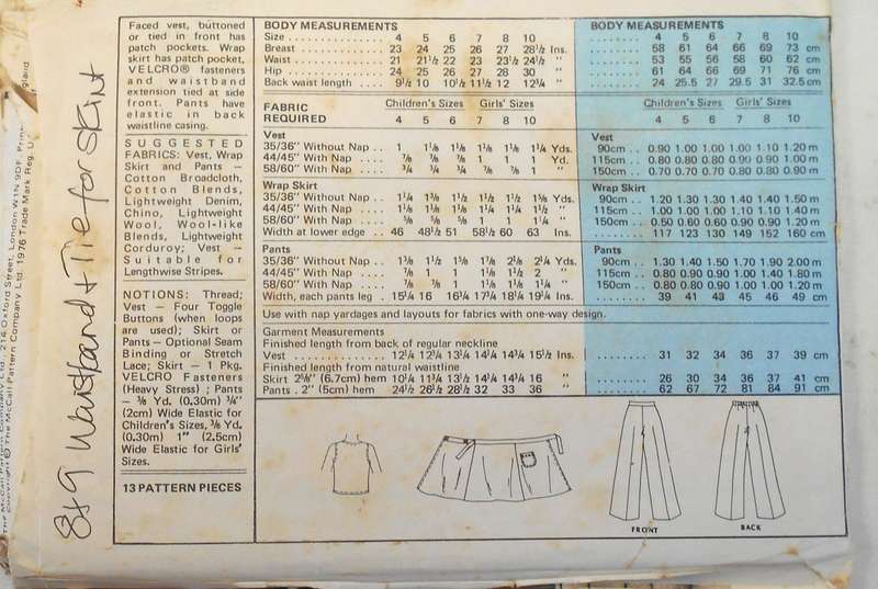 VINTAGE McCALLS 5189 GIRLS WAISTCOAT-WRAP SKIRT-PANTS SIZE 7YEARS SEE LISTING
