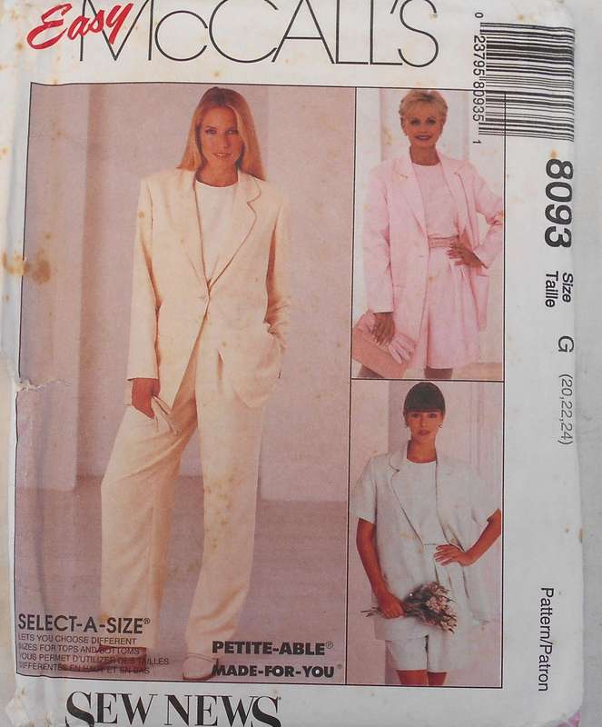 McCALLS 8093 JACKET-TOP-PANTS-SHORTS SIZE 20-22-24 COMPLETE-UNCUT-F/FOLDED