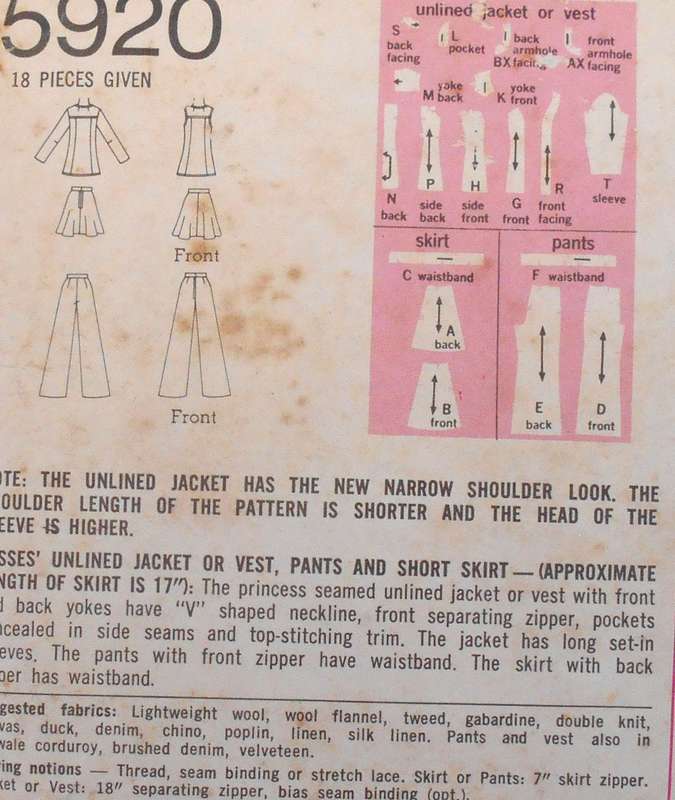 SIMPLICITY 5920 UNLINED JACKET-WAISTCOAT-PANTS-SHORT SKIRT SIZE 12 BUST 34 COMPLETE