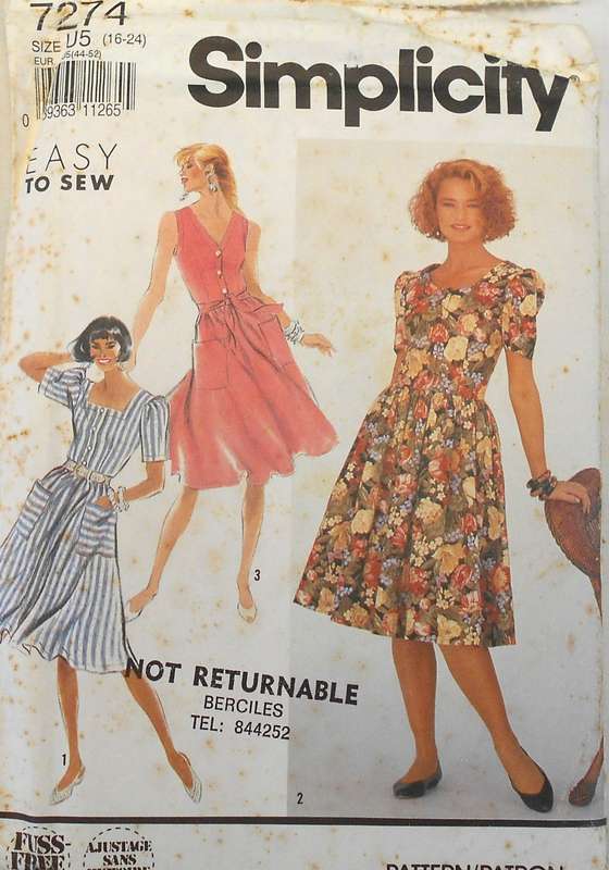 SIMPLICITY 7274 DRESS WITH NECKLINE VARIATIONS SIZE 16-24 COMPLETE-UNCUT-F/FOLDED