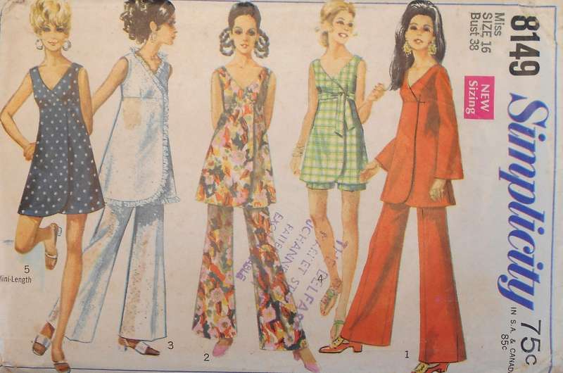 SIMPLICITY 8149 TUNIC OR MINI DRESS-BELL BOTTOM PANTS & SHORTS SIZE 16 BUST 38 COMPLETE-UNCUT-F/FOLD