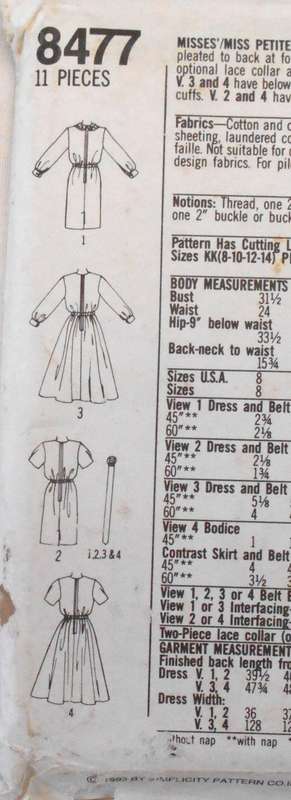 SIMPLICITY 8477 DRESS WITH SLIM OR FULL SKIRT & BELT SIZE 12-18 COMPLETE-UNCUT-F/FOLDED