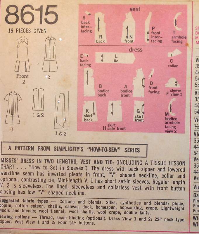 SIMPLICITY 8615 DRESS IN 2 LENGTHS-VEST-TIE SIZE 16 BUST 38 COMPLETE-UNCUT-F/FOLDED