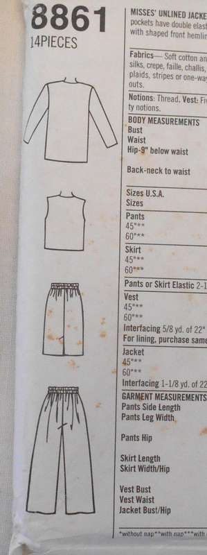 SIMPLICITY 8861 UNLINED JACKET-LINED WAISTCOAT-PULL ONPANTS-SKIRT SIZE 12-16 COMPLETE-UNCUT-F/FOLDED