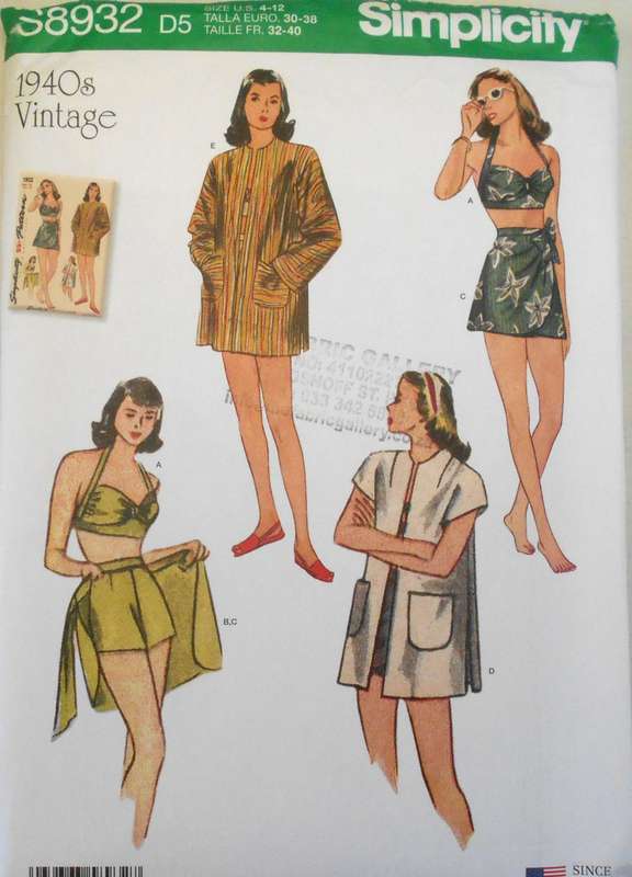 SIMPLICITY S8932 VINTAGE BIKINI TOP-SHORTS-WRAP SKIRT-LINED COATS SIZE 6-12 COMPLETE-UNCUT-F/FOLDED