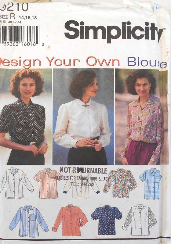 SIMPLICITY 9210 BUTTON DOWN BLOUSE WITH SLEEVE & CUFF VARIATIONS SIZE 14-16-18 COMPLETE-CUT TO 18