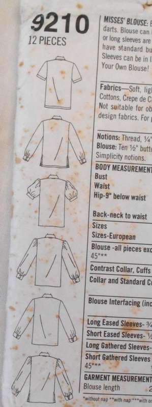 SIMPLICITY 9210 BUTTON DOWN BLOUSE WITH SLEEVE & CUFF VARIATIONS SIZE 14-16-18 COMPLETE-CUT TO 18