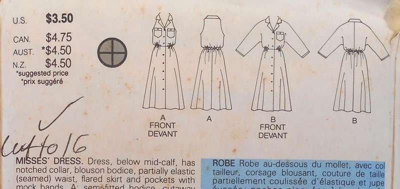 BUTTERICK 3225 SEMI FITTING DRESS WITH FRONT BUTTONS SIZE 12-14-16 COMPLETE-CUT TO 16